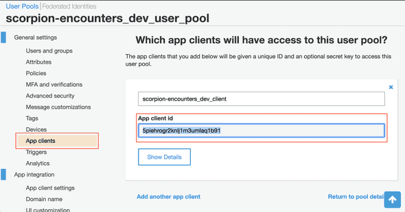 User Pool Web Client Id